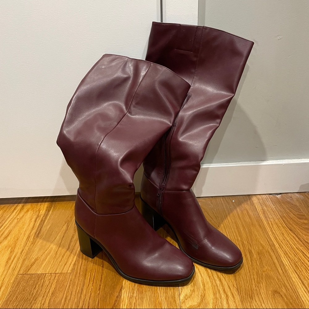 women's joy wide calf tall block heeled boots in burgundy